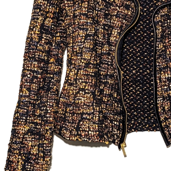 St. John Leather Trim Ribbon Wool Blend Knit Jacket Moto Gold Side Zip Size 2 - Picture 7 of 13